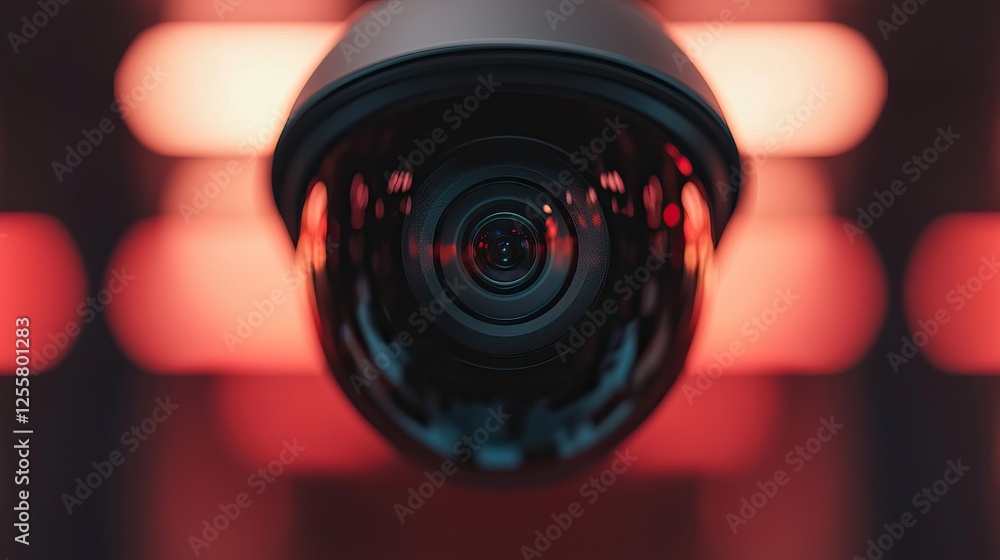 Poster a close-up view of a dome security camera against a vibrant red backdrop, emphasizing surveillance t