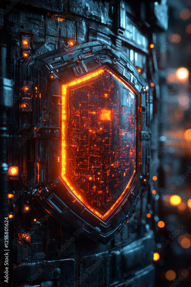 Poster futuristic shield with glowing circuitry and cybernetic design