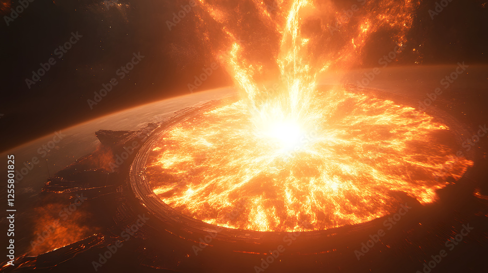 Poster abstract image of a large explosion with vibrant colors and dynamic shapes representing fire and ene