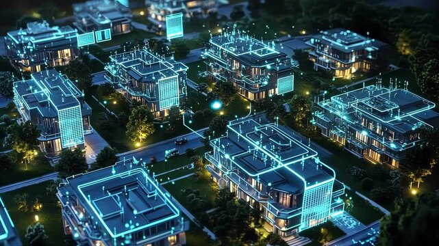 A residential area featuring smart homes each adorned with shimmering holographic interfaces that customize settings and communicate with inhabitants.