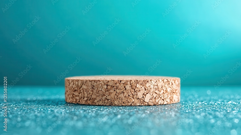 Poster a stylized cork round shape gleaming on a turquoise shine, embodying a fresh and artistic vibe that 