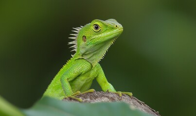 Fototapeta premium Green lizard perched on branch, observing surroundings in lush forest