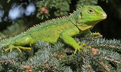 Obraz premium Green lizard basking on pine branch in forest