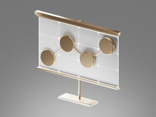 Modern 3D icon of a data chart with gold circular nodes connected by lines on a sleek metallic display. Perfect for concepts like business analytics, financial growth, and data visualization.