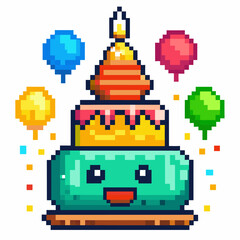 Naklejka premium Retro Pixel Art Birthday Cake with Colorful Balloons and Candle
