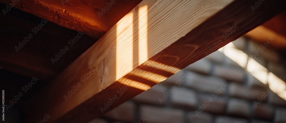 Poster a wooden beam casts shadows and light patterns, creating a warm and serene atmosphere in a rustic se