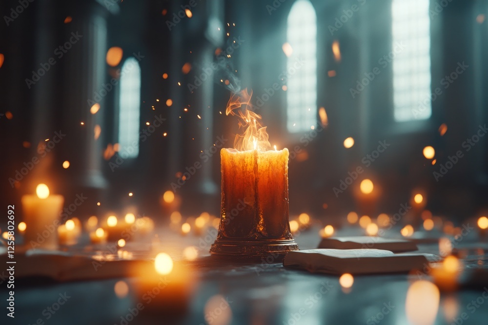 Poster a gothic-style primary school where students learn in an ancient candle-lit library filled with myst
