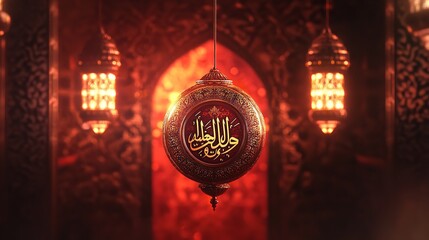 3D render of an Arabic themed product display background for advertisement featuring a moon stars and an Arabic lamp