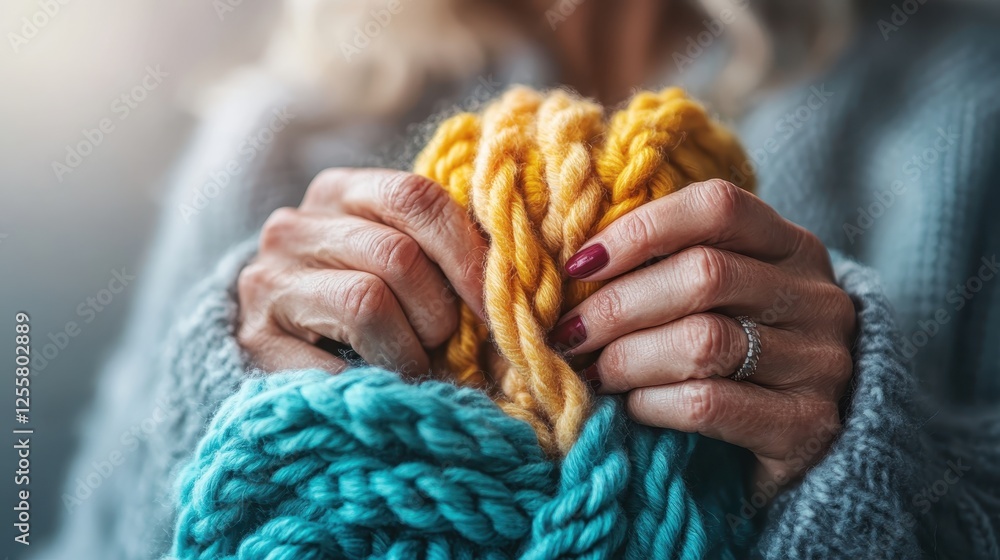 Poster a pair of hands gently holds colorful knitted yarn, showcasing the vibrant textures and the nurturin
