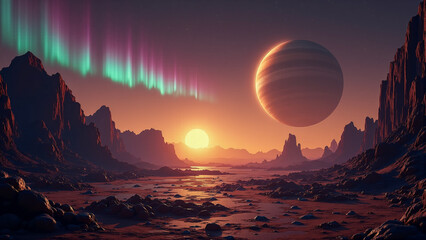 Twin Suns and Aurora Over an Alien Planet