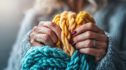 A pair of hands gently holds colorful knitted yarn, showcasing the vibrant textures and the nurturing aspect of creativity and crafting in a soft ambient light.