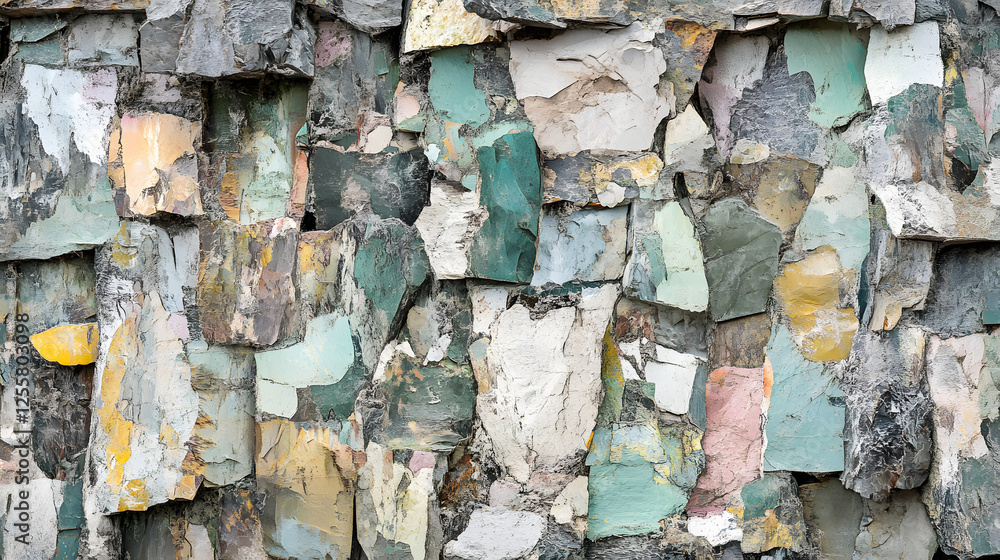 Poster close up of a wall with multiple layers of peeling paint and textured abstract surfaces