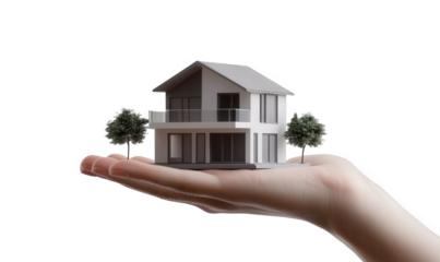 Holding a model of a small house on the outstretched palm