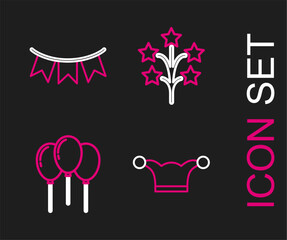 Set line Jester hat with bells, Balloons ribbon, Fireworks and Carnival garland flags icon. Vector