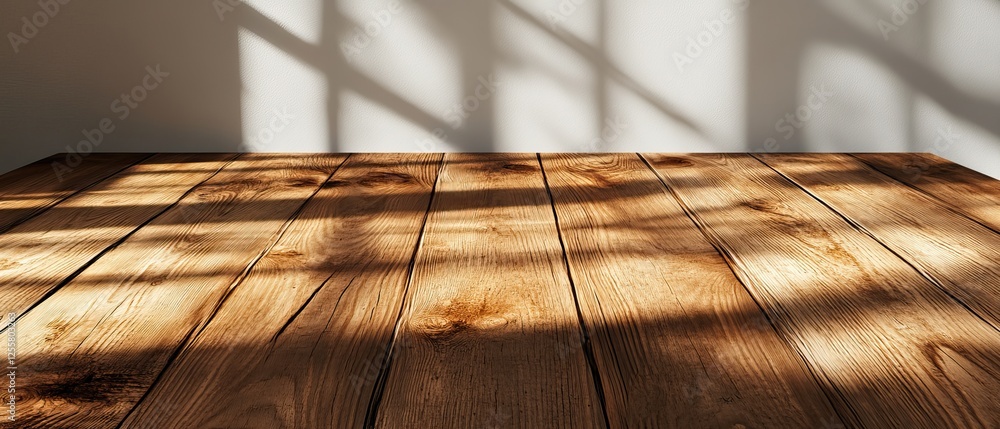 Poster a close-up view of a rustic wooden table, featuring sunlight casting intricate shadows across its su