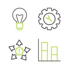 Set line Graph, chart, diagram, Many ways directional arrow, Wrench and gear and Light bulb icon. Vector