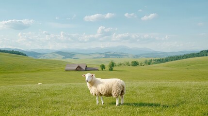 Fototapeta premium Serene Countryside Landscape with Sheep Grazing on Lush Green Pasture