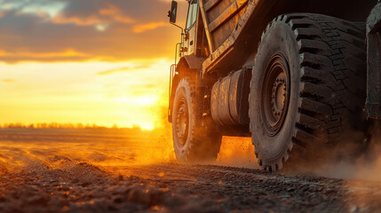 Intense shot of mining truck at sunset, showcasing rugged terrain and dust