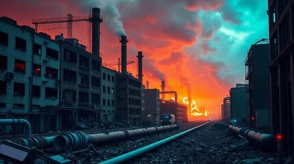 Abandoned industrial area engulfed in disaster with fiery sky and smoke, apocalyptic atmosphere