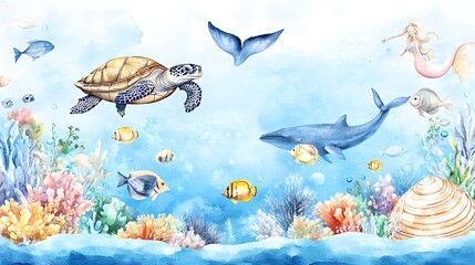 Naklejka premium Watercolor painting shows a vibrant and lively ocean scene