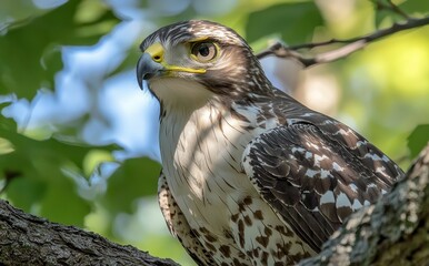 Hawk perched in leafy tree, observing surroundings