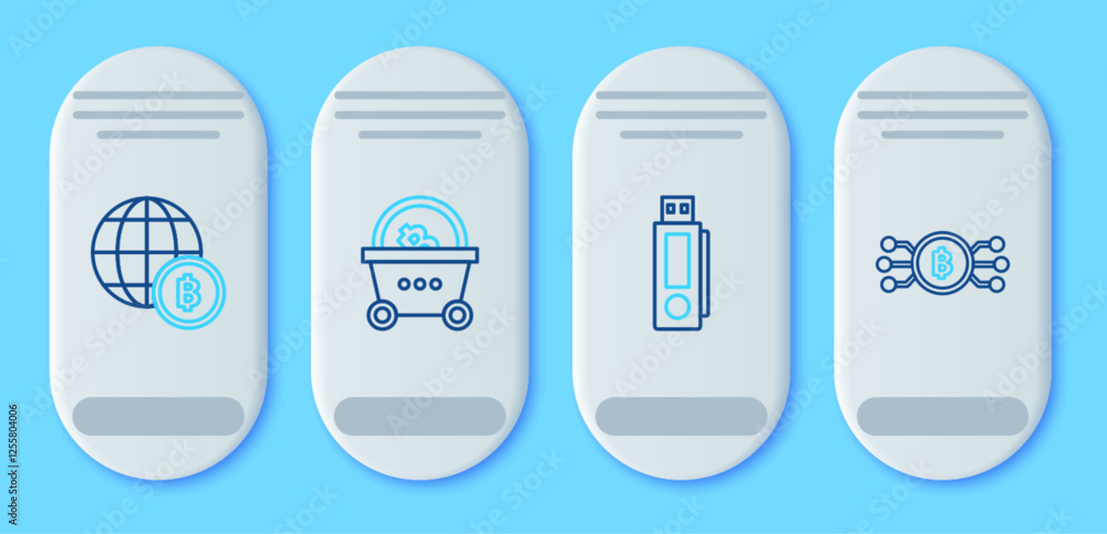 Poster set line shopping basket with bitcoin, usb flash drive, globe and cryptocurrency bitcoin and cryptoc