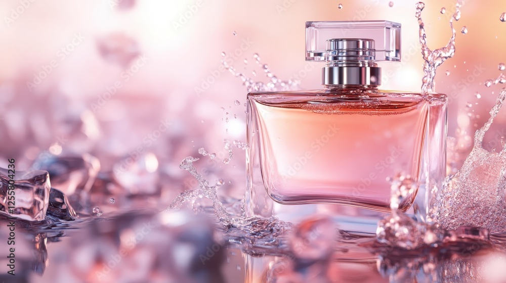Poster this stunning image showcases a beautifully designed perfume bottle surrounded by splashing water, c