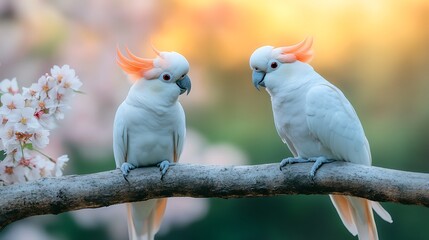 Two white cockatoos perched on a branch amidst blooming cherry blossoms at sunset