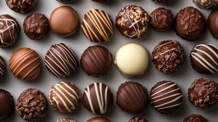 An exquisite arrangement of rich chocolate truffles, showcasing a variety of textures and decorations, perfect for any special occasion or gourmet indulgence.