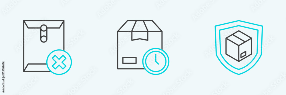 Poster set line delivery security with shield, delete envelope and cardboard box clock icon. vector