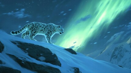 A luminous snow leopard walks through a snowy landscape illuminated by the vibrant colors of the northern lights.