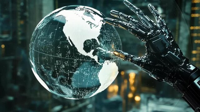 Robotic hand interacting with a holographic projection of planet earth, symbolizing technological control over global systems in a futuristic, digital environment with shattered glass effect