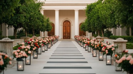 Obraz premium Elegant wedding pathway adorned with flowers and lanterns leading to entrance