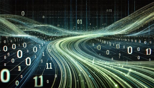 A digital painting of a binary code stream representing digital data flow in cyberspace.