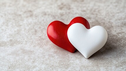 Two hearts, red and white, on textured surface