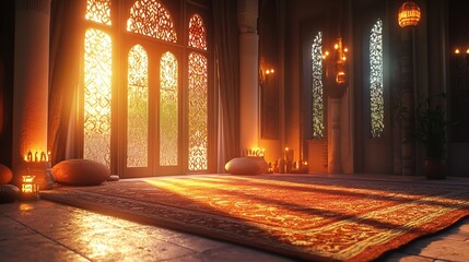 3D render of an Arabic themed product display background for advertisement featuring a moon stars and an Arabic lamp