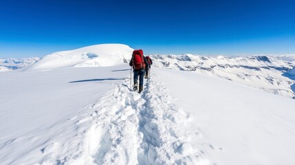 Hikers Traverse Snowy Peak Under Clear Blue Sky in Majestic Winter Landscape