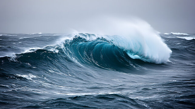 Large ocean wave crashing against shore with blue sea and white foam under clear sky