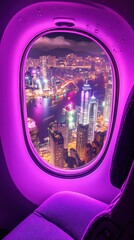 Stunning view of a vibrant city skyline through an airplane window at night