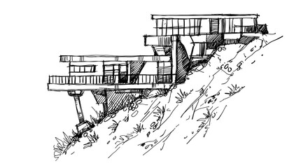 Architecture sketch of building, hand drawn architectectural sketch © Cubitron