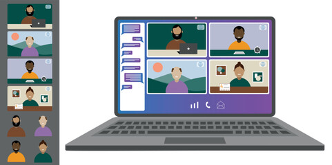 Video call conference, working from home. Colleagues of different nationalities and ages talk to each other on the laptop screen. Isolated illustration on white background in flat style trendy colors