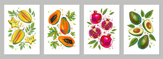 Set of posters with fruits and leaves. Backgrounds with carambola, papaya, pomegranates and avocado. Colorful art prints for cards, wall decor, banners, covers, labels, etc. Vector illustrations.