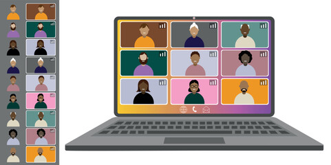 Video call conference, working from home. Colleagues of different nationalities and ages talk to each other on the laptop screen. Isolated illustration on white background in flat style trendy colors
