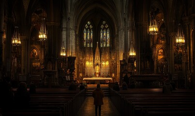Fototapeta premium Lone visitor admiring altar in dimly lit gothic church interior