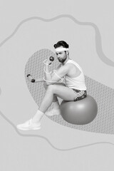 Poster photo advertisement collage of young sport gym coach professional bodybuilder muscle sit...
