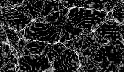 Vector abstract wave of white dots on a black background. Dynamic digital landscape with flowing motion, futuristic aesthetics, and technology design.