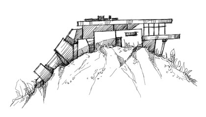 Architecture sketch of building, hand drawn architectectural sketch © Cubitron