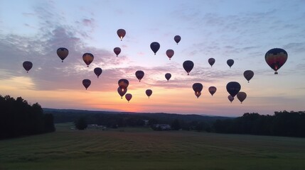 A sky full of hot air balloons rising over a beautiful summer landscape at sunrise.