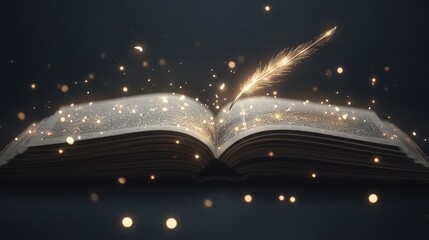 Open book with magical sparks and a feather quill, symbolizing creativity