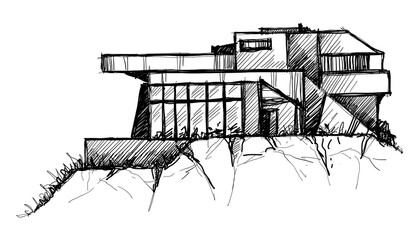Architecture sketch of building, hand drawn architectectural sketch © Cubitron